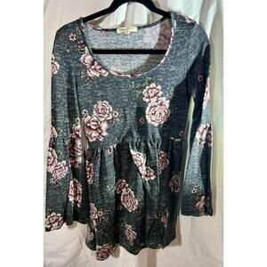 Living Doll Gray Pink Floral Knit Bell Sleeve A-Line Dress Scoop Neck Size Med